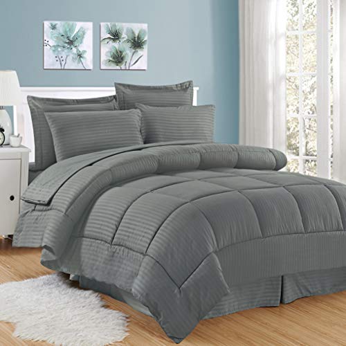 Sweet Home Collection 8 Piece Bed in A Bag Stripe Sheets, 2 Pillowcases, & 2 Shams Down Alternative All Season Warmth, Queen, Dobby Gray