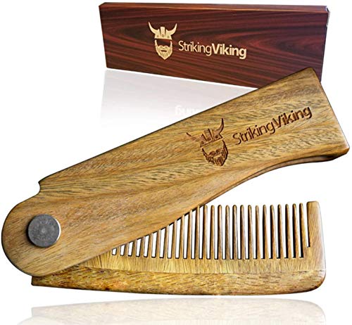 Striking Viking Folding Wooden Comb - Men's Hair, Beard & Mustache Comb - Pocket Sized Sandal Wood Comb for Everyday Grooming, Use Dry or with Balms and Oils