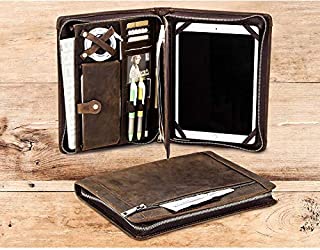 Handmade Vintage Leather Padfolio with Zipper Multi-Function Business Document Organizer Crazy Horse Leather Portfolio Case for iPad 9.7 10.5 11 Inch Gift for Men & Women (9.7/10.5/11 with Zipper)