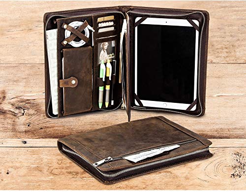 Handmade Vintage Leather Padfolio with Zipper Multi-Function Business Document Organizer Crazy Horse Leather Portfolio Case for iPad 9.7 10.5 11 Inch Gift for Men & Women (9.7/10.5/11 with Zipper)