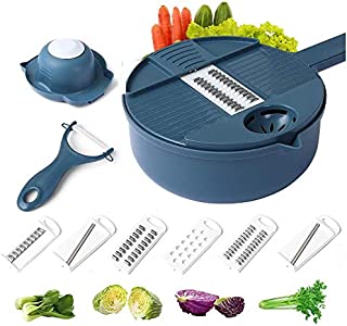 Vegetable Slicer and Grater Multi-function Chopper with Container, Spiralizer 12-In-One Manual Tool Food Processor(Blue)