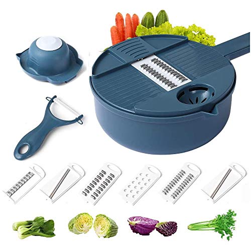 Vegetable Slicer and Grater Multi-function Chopper with Container, Spiralizer 12-In-One Manual Tool Food Processor(Blue)