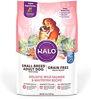 Halo Grain Free Natural Dry Dog Food - Small Breed Healthy Weight Recipe - Premium and Holistic Real Whole Meat - Wild Salmon & Whitefish - 4 Pound Bag - Non-GMO Adult Dog Food - Highly Digestible