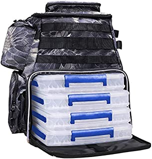 Thekuai Fishing Tackle Backpack 2 Fishing Rod Holders with 4 Tackle Boxes, Large Storage, Backpack for Trout Fishing Outdoor Sports Camping Hiking (Python Black with 4 Trays)