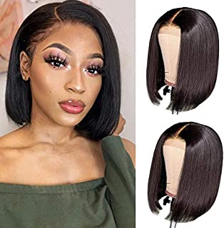 Brazilian Virgin Straight Bob Lace Front Wigs Human Hair Wigs for Black Women Glueless Pre Plucked with Baby Hair Short Bob Straight 4x4 lace closure Wig (8 inch, 150% Density)