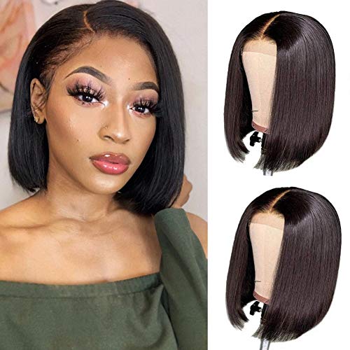 Brazilian Virgin Straight Bob Lace Front Wigs Human Hair Wigs for Black Women Glueless Pre Plucked with Baby Hair Short Bob Straight 4x4 lace closure Wig (8 inch, 150% Density)