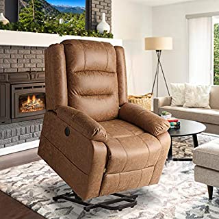 Aoxun Electric Power Lift Recliner Chair, Leather Like Fabric Recliners for Elderly, Home Sofa Chairs with Heat & Massage, Remote Control, 3 Positions, 2 Side Pockets and USB Ports, Brown