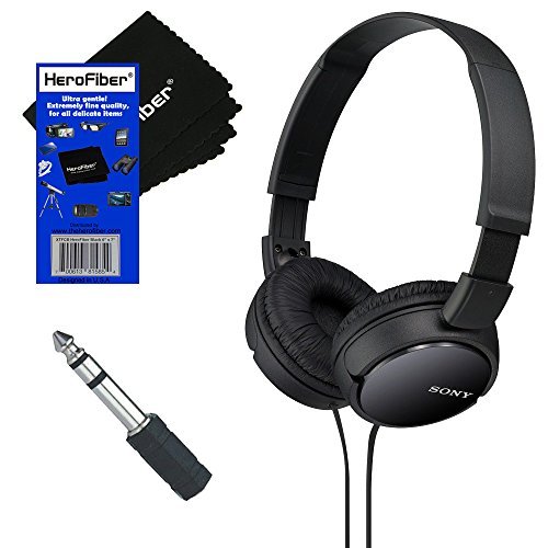 Sony MDRZX110 ZX Series Stereo Headphones (Black) with 3.5mm Mini Plug to 1/4 inch Headphone Adapter & HeroFiber Ultra Gentle Cleaning Cloth