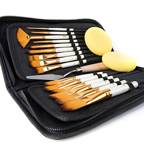 Artify 15 pcs Paint Brush Set for Acrylic Oil Watercolor Gouache Painting Includes Pop-up Carrying Case with Palette Knife and 2 Sponges