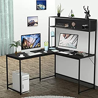 L-Shaped Desk with Hutch,55 Inch Corner Computer Desk Gaming Table Workstation with Storage Shelves Bookshelf for Home Office, Space-Saving Designs. (Black)