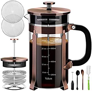 Veken French Press Coffee Maker (34 oz), 304 Stainless Steel Coffee Press with 4 Filter Screens, Durable Easy Clean Heat Resistant Borosilicate Glass - 100% BPA Free, Copper