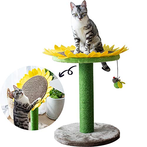 Catry Cat Tree Bed with Scratching Post with Sisal Covered Climbing Activity Tower, Natural Jute Fiber 2-in-1 Scratching Post and Bed, Best Holiday Idea Gift (Sunflower 23