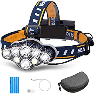 OUTERDO Rechargeable Headlamp,8 LED Headlamp Flashlight 8 Modes with USB Cable 2 Batteries, Waterproof LED Head Torch Head Light with Red Light for Camping Fishing, Car Repair, Outdoor