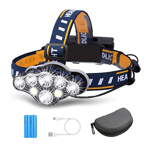 OUTERDO Rechargeable Headlamp,8 LED Headlamp Flashlight 8 Modes with USB Cable 2 Batteries, Waterproof LED Head Torch Head Light with Red Light for Camping Fishing, Car Repair, Outdoor