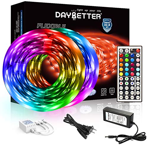 DAYBETTER Led Strip Lights 32.8ft 5050 RGB LEDs Color Changing Lights Strip for Bedroom, Desk, Home Decoration, with Remote and 12V Power Supply