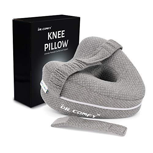 Dr. Comfy Knee Pillow Orthopedic Memory Foam Leg Pillow for Hip Pain Sciatica Leg Pain Knees Pain Joints Pain and Pregnancy Bed Leg Cushion for Side Sleepers with Extra Extension Strap (Grey)