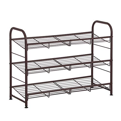 SONGMICS Stackable Shoe Rack, 3-Tier Shoe Storage Organizer, Holds up to 12 Pairs, Steel, 27 x 10.8 x 19.5 Inches, for High Heels, Trainers, Slippers, in the Entryway, Closet, Bronze ULMR066A01