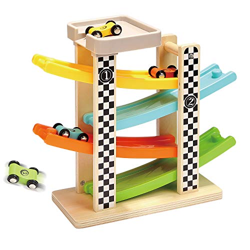 TOP BRIGHT Toddler Toys For 1 2 Year Old Boy And Girl Gifts Wooden Race Track Car Ramp Racer With 4 Mini Cars