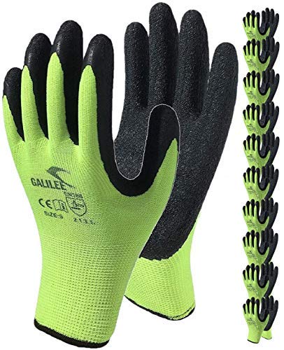 Coated Work Gloves for Men and Women, 10-Pair Pack, Safety Gloves for Working, Gardening, Utility, Rugged Latex Rubber Firm Grip Coating (Medium, Green)