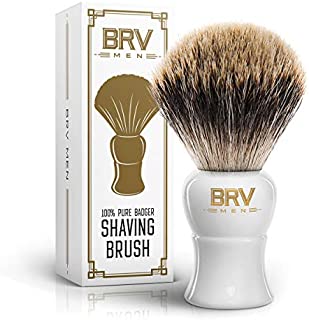 BRV MEN Shaving Brush LARGE - Pure Badger Hair - Badger Brush - Rich Lather - Shave Brush - Use with Double-Edge Safety, Straight Razor or Shaving Bowl - Genuine Badger Bristles - White