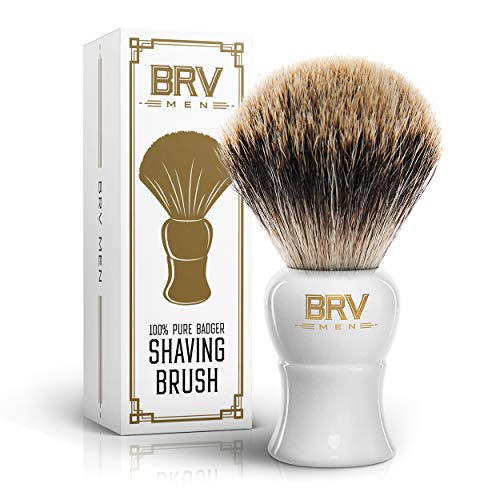 BRV MEN Shaving Brush LARGE - Pure Badger Hair - Badger Brush - Rich Lather - Shave Brush - Use with Double-Edge Safety, Straight Razor or Shaving Bowl - Genuine Badger Bristles - White