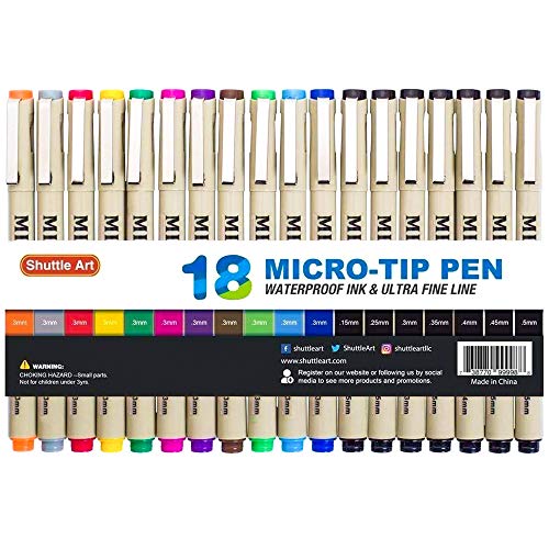 Shuttle Art 18 Pack Ultra Fine Point Tip Micro Line Pens - Waterproof Archival Ink & 11 Colors in 0.3MM Felt Tip - 7 Blacks in Tip Sizes 0.15MM to 0.5MM For Journaling Technical Illustrating Drawing