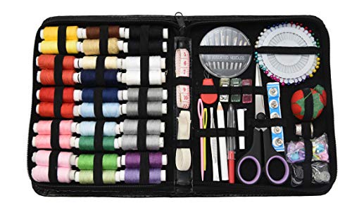 Sewing Kit for Adults Home Travel Camping and Emergency. Best Gift for Kids Girls Beginners. Quality Premium Mini Sew Supplies Set. Expansive Case with 100 Extra Pins and Safety Pins (Black, Large)