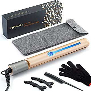 NITION Professional Salon Hair Straightener Argan Oil Tourmaline Ceramic Titanium Straightening Flat Iron for Healthy Styling,LCD 265°F-450°F,2-in-1 Curling Iron for All Hair Type,Gold,1 inch Plate