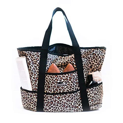 Dejaroo Water-Resistant Weekend Overnight Bag - Beach/Toy Tote Bag - Large Lightweight Market, Grocery & Picnic Tote with Oversized Pockets (Leopard with Black)