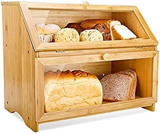 HOMEKOKO Double Layer Large Bread Box for Kitchen Counter, Wooden Large Capacity Bread Storage Bin