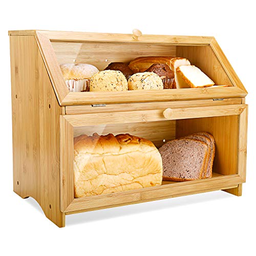 HOMEKOKO Double Layer Large Bread Box for Kitchen Counter, Wooden Large Capacity Bread Storage Bin
