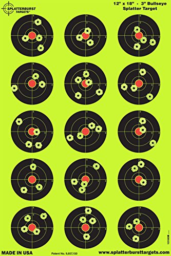 Splatterburst Targets - 12 x 18 inch - 3 inch Bullseye Reactive Shooting Target - Shots Burst Bright Fluorescent Yellow Upon Impact - Gun - Rifle - Pistol - Airsoft - BB Gun - Air Rifle (25 Pack)