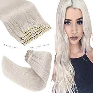 Human Hair Clip in Extensions Platinum Blonde, Remy Double Weft Clip Extensions Platinum Blonde Straight Human Hair White Blonde Clip in Hair Extensions Human Hair Full Head 7pcs 100g 24 inch