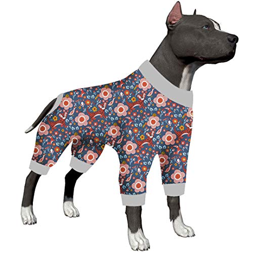 LovinPet Pit Bull Pajamas/Full Coverage Dog Pjs/Tiger Garden Blue/Pink Print Prints/Lightweight Big Dogs Pullover, Full Coverage Large Breed Dog Pjs/Large Dog Jamammies