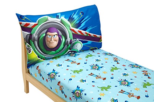 Disney Toy Story Power Up 2 Pack Fitted Sheet and Pillowcase Toddler Sheet Set, Blue/Green