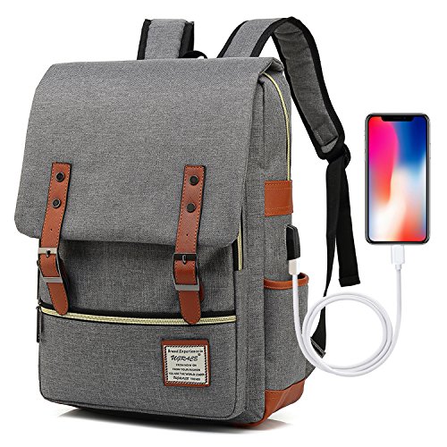 UGRACE Vintage Laptop Backpack with USB Charging Port, Elegant Water Resistant Travelling Backpack Casual Daypacks School Shoulder Bag for Men Women, Fits up to 15.6Inch Laptop in Grey