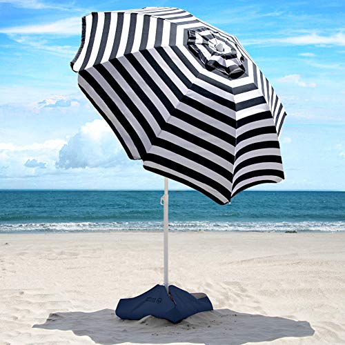 Beach Umbrella - 6.5ft Heavy Duty Windproof Tilt Portable Umbrella with Sand Anchor & Sand Bags UPF 50+ PU Coating with Carry Bag for Patio and Outdoor - Navy Striped