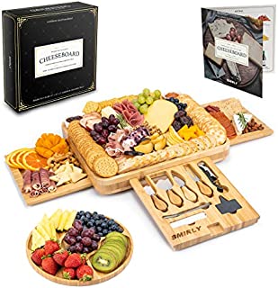 Smirly Cheese Board and Knife Set: 16 x 13 x 2 Inch Wood Charcuterie Platter for Wine, Cheese, Meat