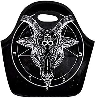 Semtomn Lunch Tote Bag Pentagram Demon Baphomet Satanic Goat Head Binary Symbol Tattoo Reusable Neoprene Insulated Thermal Outdoor Picnic Lunchbox for Men Women