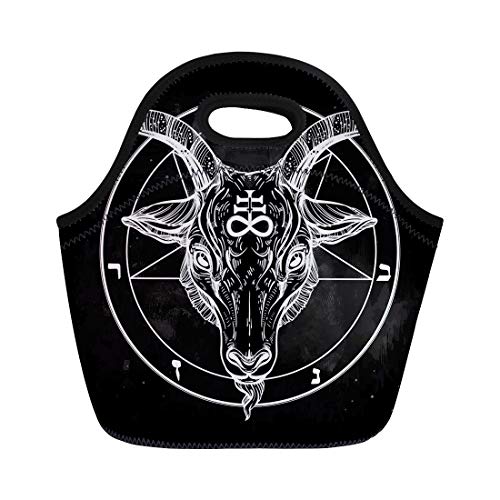 Semtomn Lunch Tote Bag Pentagram Demon Baphomet Satanic Goat Head Binary Symbol Tattoo Reusable Neoprene Insulated Thermal Outdoor Picnic Lunchbox for Men Women