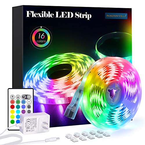 PANGTON VILLA Led Strip Lights 16.4 ft RGB 5050 Color Kit with 24 Key Remote Control and Power Supply Mood Lamp for Room Bedroom Home Kitchen Indoor Decorations