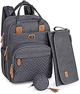 Diaper Bag Backpack with Portable Changing Pad, Pacifier Case and Stroller Straps, Dikaslon Large Unisex Baby Bags for Boys Girls, Multipurpose Travel Back Pack for Moms Dads, Dark Gary