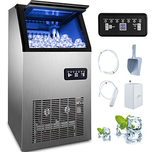 Happybuy 110V Commercial Ice Maker 100lbs/24h with 29lbs Storage 4x8 Cubes Stainless Steel Auto Clean for Bar Home Supermarkets Includes Scoop and Con, Sliver