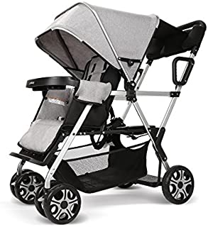 Double Stroller Convenience Urban Twin Carriage Stroller Tandem Collapsible Stroller All Terrain Double Pushchair for Toddler Girls and Boys Stable Stroller Frame with Bag Organizer (Oxford Grey)