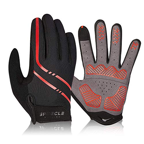 Speecle Full Finger Cycling Gloves - Reinforced Bike Gloves for Men/Women - Breathable Road Mountain Biking Gloves - Touch Screen & Anti-Slip Motorcycle Gloves for Riding, Hiking, Climbing, Red, L