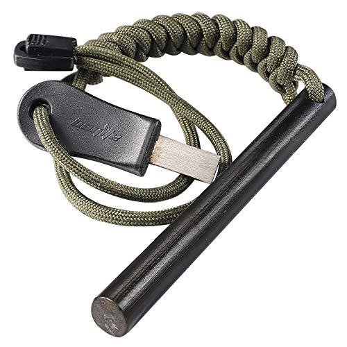 bayite 4 Inch Survival Ferrocerium Drilled Flint Fire Starter Ferro Rod Kit with Paracord Landyard Handle and Striker