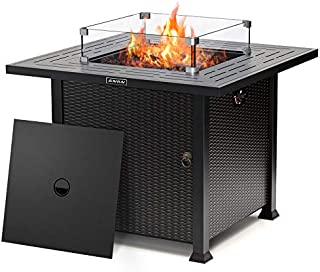 SNAN 32 Inch Outdoor Fire Pit Table , Volcanic Rock&Glass Wind Guard, ETL Approved, Stove in Winter, Table in Summer.