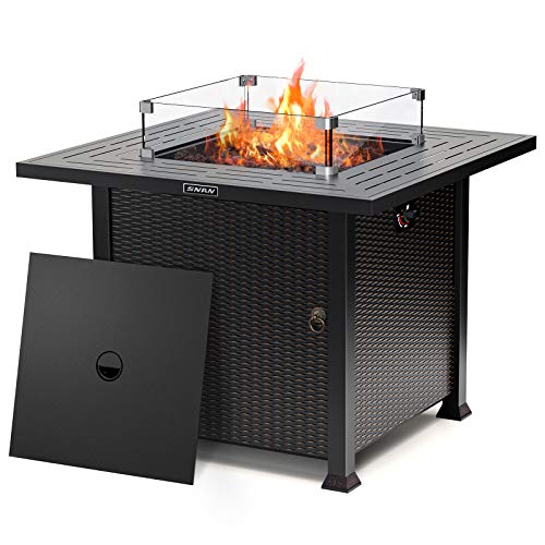 SNAN 32 Inch Outdoor Fire Pit Table , Volcanic Rock&Glass Wind Guard, ETL Approved, Stove in Winter, Table in Summer.