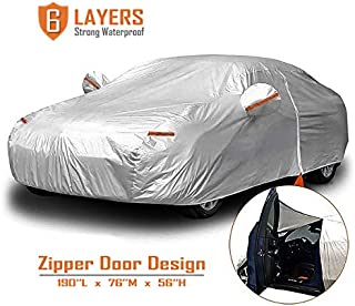 CARBABA Car Cover, Universal Full Car Covers with Zipper Door, 6 Layers All Weather Protection Waterproof/Windproof/Scratch Resistant/Reflective Strips for Sedan Wagon Use (186