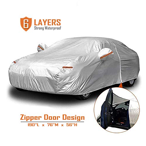 CARBABA Car Cover, Universal Full Car Covers with Zipper Door, 6 Layers All Weather Protection Waterproof/Windproof/Scratch Resistant/Reflective Strips for Sedan Wagon Use (186